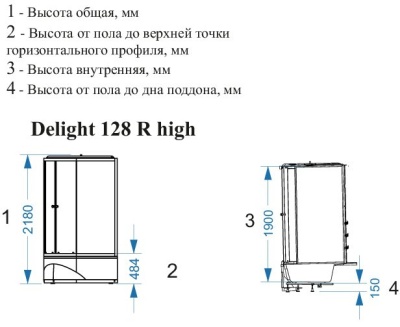 Душевая кабина Domani-Spa Delight 128 high R 120x80 (прозрачное стекло / голубые стенки) с крышей с гидромассажем фотография