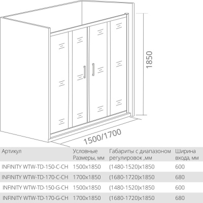 Душевая дверь GoodDooor INFINITY WTW-TD-150-G-CH 150x185 Grape стекла фотография
