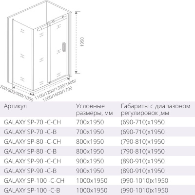 Боковая часть GoodDooor Galaxy SP-100-C-CH 90x195 прозрачные стекла фотография