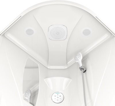 Душевая кабина Domani-Spa Elegance 90x90 (прозрачное стекло / белые акриловые стенки) с крышей с гидромассажем фотография